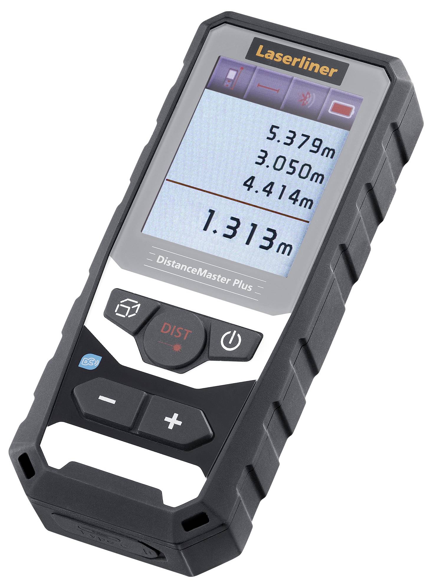 Laser-Distanzmessgerät zeigt Messungen von 5,379 m, 3,050 m und 4,414 m, der aktuelle Messwert ist 1,313 m.