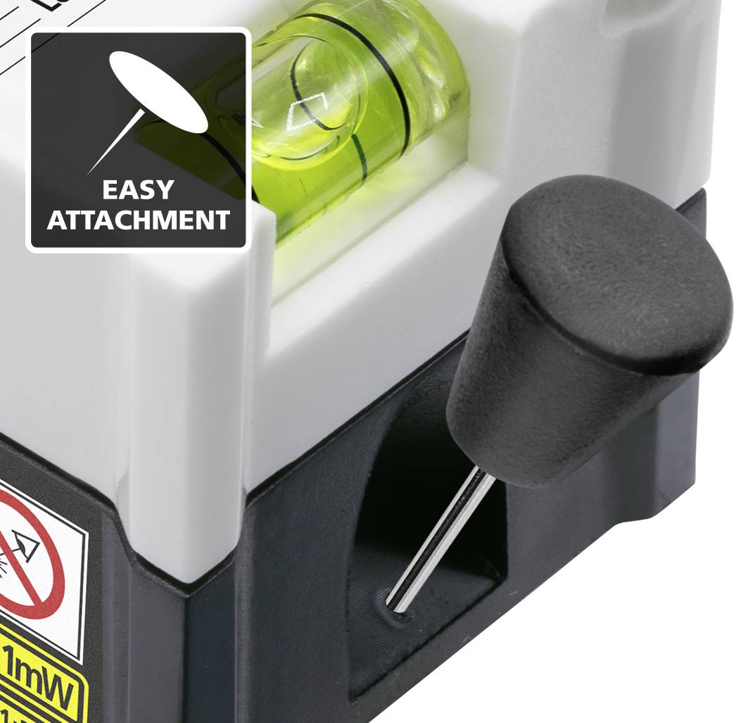 Nahaufnahme einer Wasserwaage mit grünem Libellenauge und austauschbarer, beschrifteter Halterung mit der Aufschrift 'Easy Attachment'.