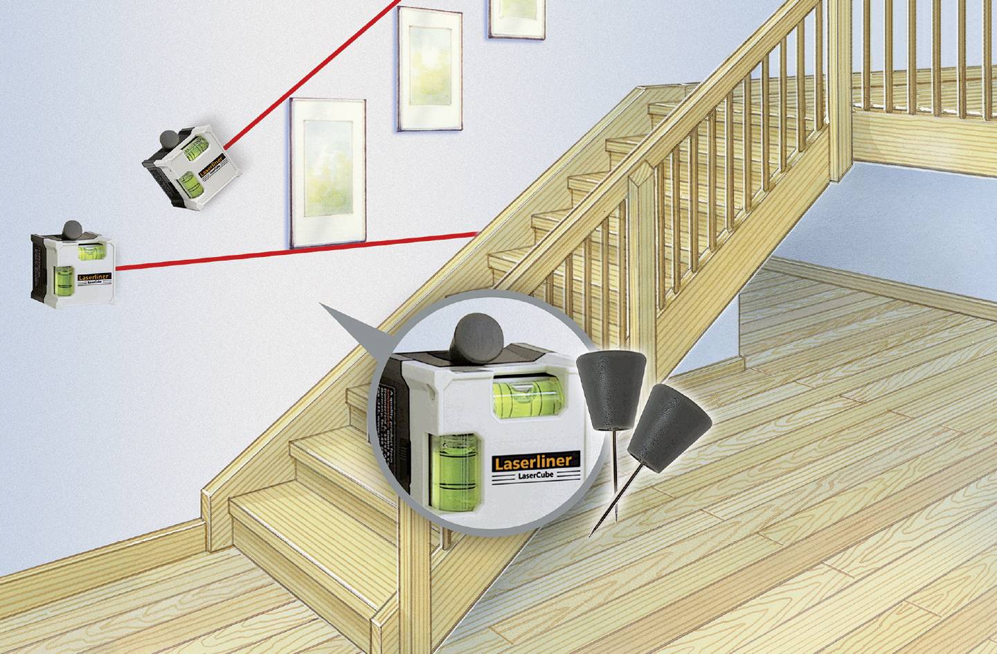 'Abbildung eines Laser-Wasserwaagenwerkzeugs, das verwendet wird, um Bilder an der Wand entlang der Treppe gerade auszurichten.'