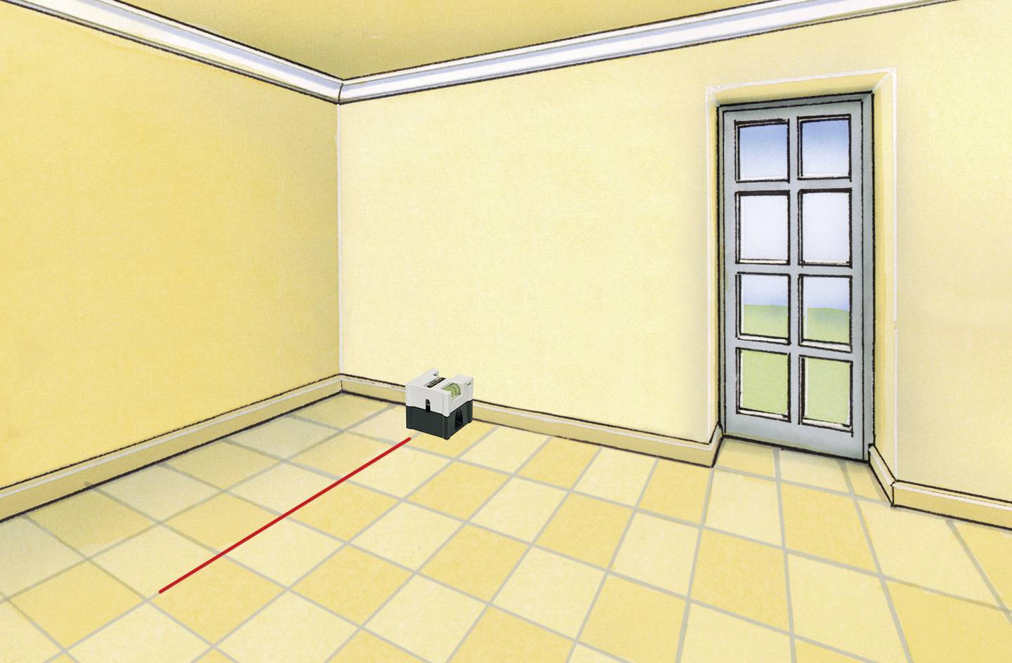 Ein leerer Raum mit beigen Wänden und Fliesenboden. Ein kleiner grauer Würfel mit roter Linie, die zum Würfel führt, steht an der Wand.