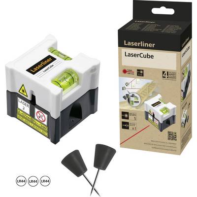 'Laserliner LaserCube' Laserwasserwaage mit Verpackung und Zubehör; zeigt Wasserwaage, Laserstrahl und Batteriegrößen an.