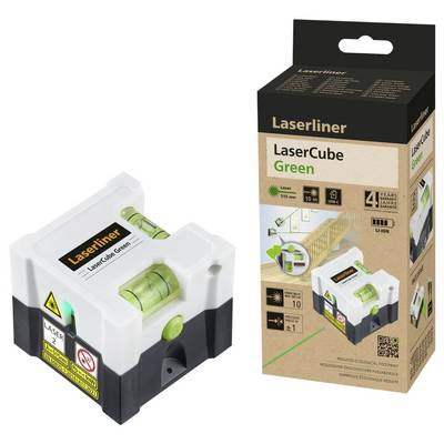 Ein kleiner, weißer Laserwürfel mit grüner Ausrichtung und Laserlampe. Daneben die Verpackung mit Logo, Bildern und Produktdetails.