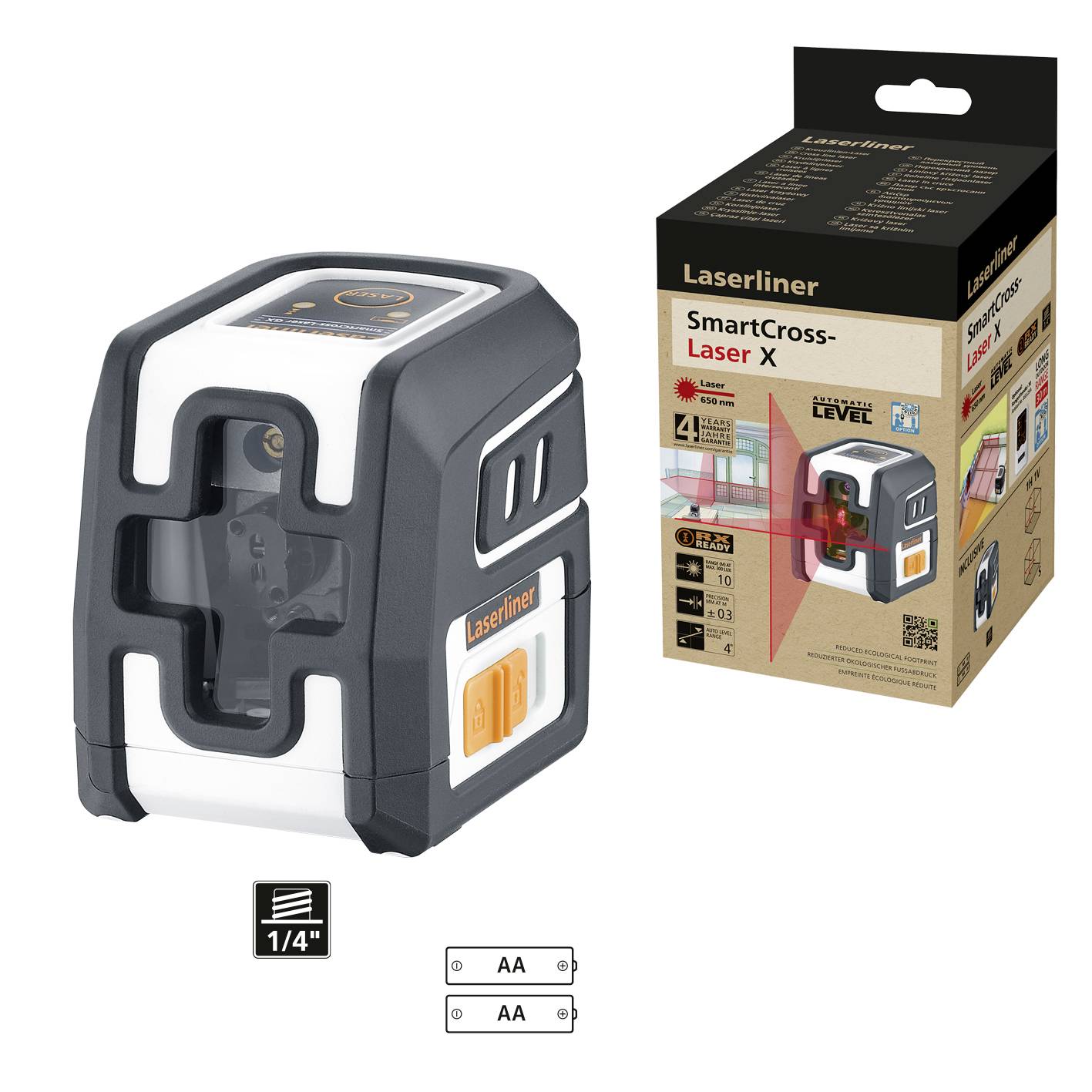 Laserliner SmartCross-Laser X mit Verpackung. Zeigt Lasergerät und technische Details. Einsatz für präzise Messungen und Nivellierungen.