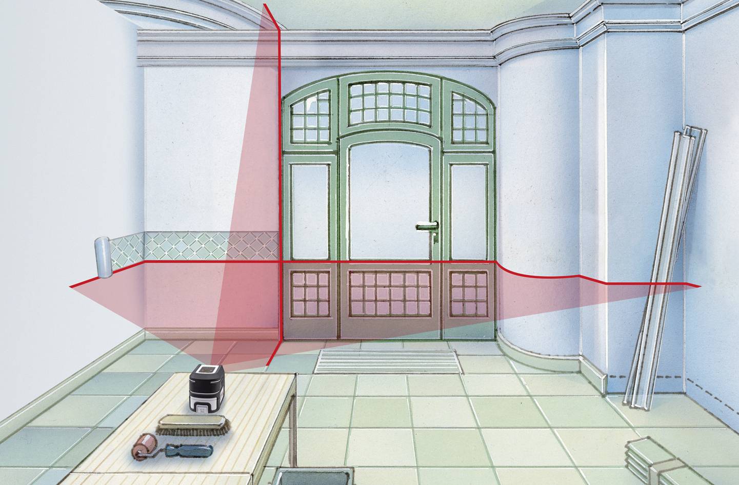 Ein Raumansicht mit einem Laser-Messgerät auf einem Tisch, das Rotlichtlinien an den Wänden projiziert, zeigt eine Messung.