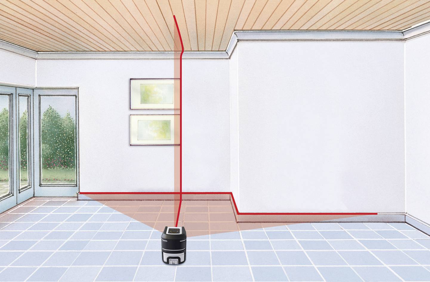 Ein Lasergerät projiziert rote Linien an die Wand und Decke eines leeren Raums, um gerade Linien für Bau- oder Renovierungsarbeiten zu markieren.