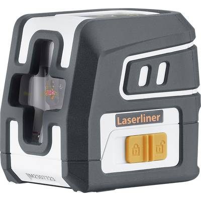 Ein Lasermessgerät im schwarzen und weißen Gehäuse mit orangenen Bedienelementen und einem Display auf der Oberseite.