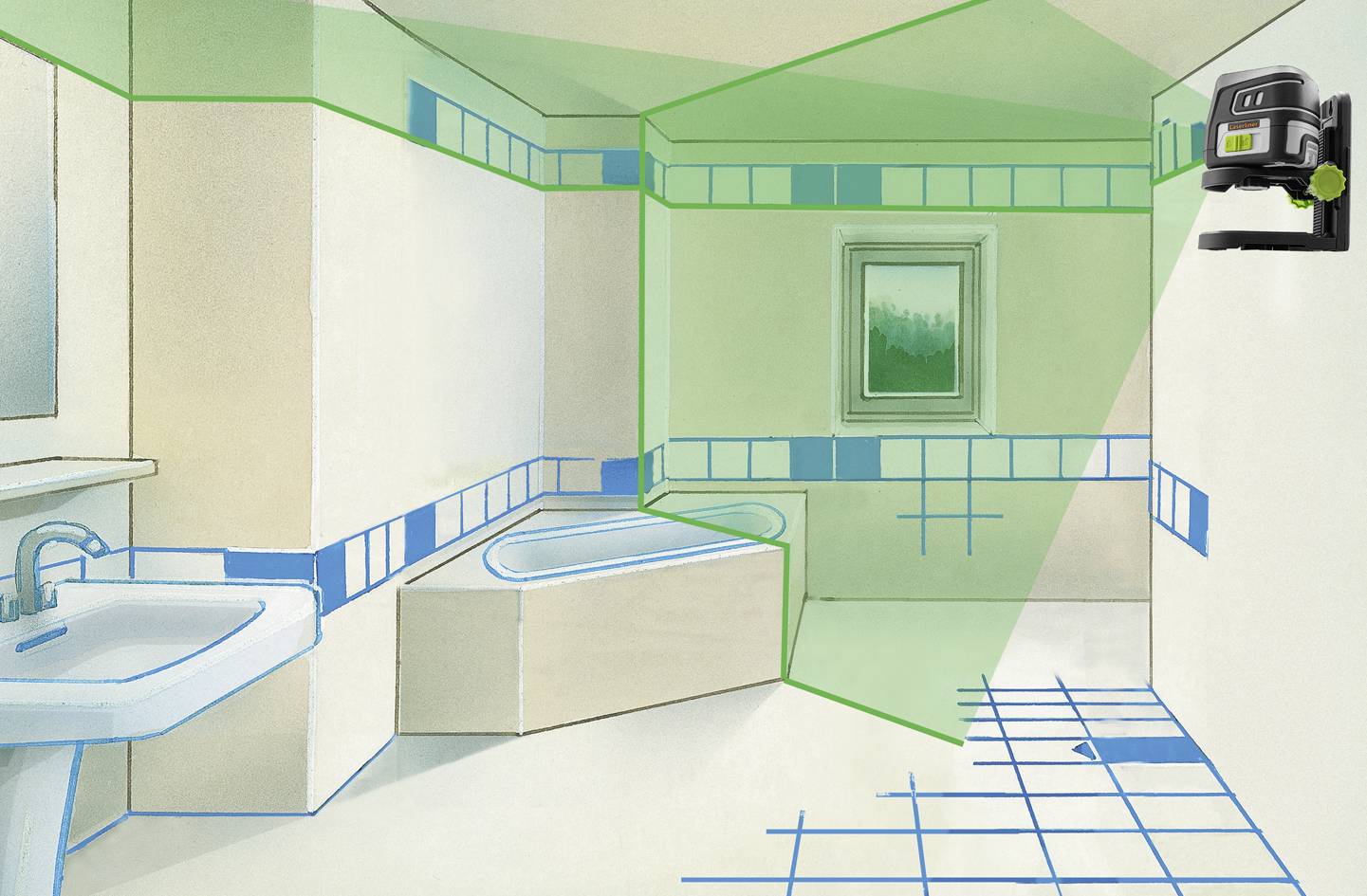 Ein Badezimmer mit Badewanne, Waschbecken und Wandfliesen, zeigt die Installation einer grünen Laserebene zur Nivellierung.
