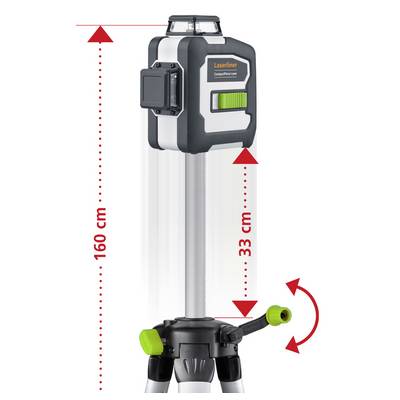 Ein Laser-Nivelliergerät auf einem Stativ ist 160 cm hoch. Der zentrale Schaft ist 33 cm lang. Ein Hebel ermöglicht eine Neigungseinstellung.