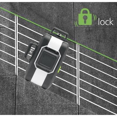 Ein schwarzer Koffer mit weißem Streifen und Griff liegt auf einem Boden mit weißen Linien. Oben rechts ist ein grünes Schloss-Symbol mit dem Text 'lock'.