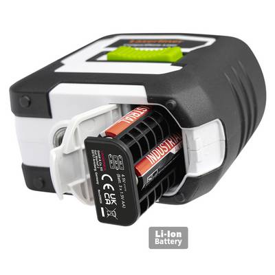 Elektronisches Gerät mit herausnehmbarem Batteriegehäuse und zwei AA-Batterien. Das Etikett zeigt 'Li-Ion Battery'.