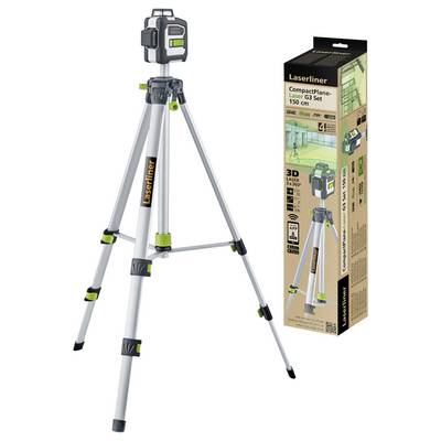Laserliner CompactPlane-150 G1 Set: Ein Nivelliergerät mit Stativ für exakte Messungen. Box zeigt Produktdetails und Anwendungsbilder.