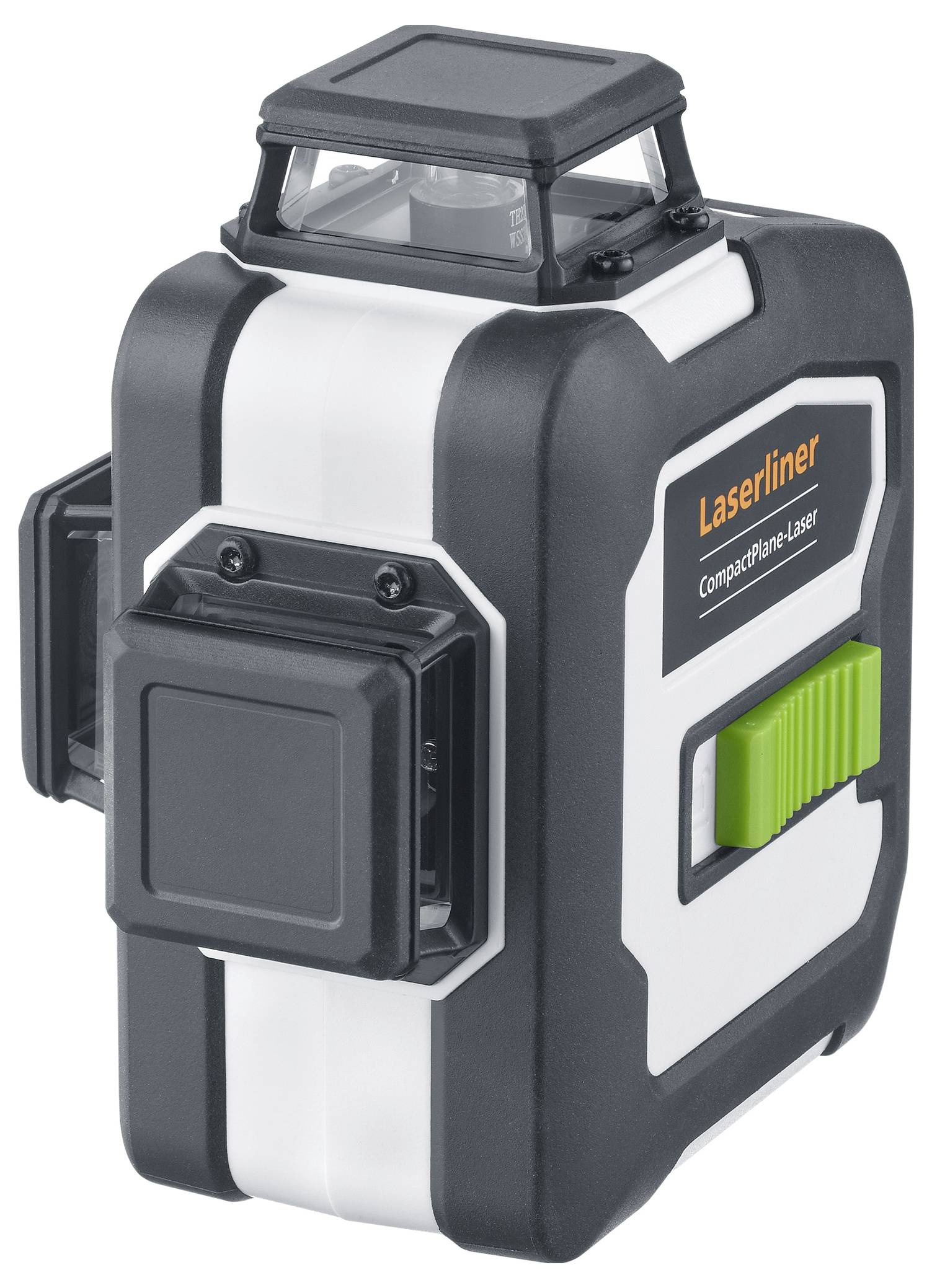 Ein kompakter, schwarz-weißer Laser mit der Aufschrift 'Laserliner', mit einem grünen Schalter an der Seite für präzise Messungen.