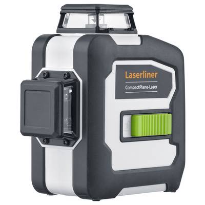 Ein kompakter, schwarz-weißer Laserliner CompactPlane-Laser mit grünem Bedienelement zur ebenen Ausrichtungsanzeige.