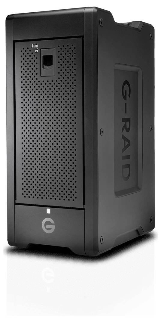 Externe schwarze G-RAID-Festplatte mit vertikalem Design und Lüftungsschlitzen auf der Vorderseite, geeignet für Datenspeicherung.