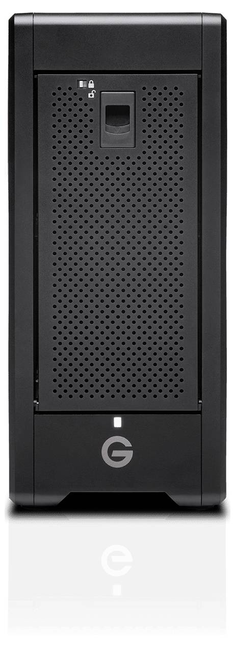 Ein schwarzes, hohes Gehäuse mit perforiertem Frontpanel und einem Schloss oben, darunter befindet sich ein leuchtendes Symbol.