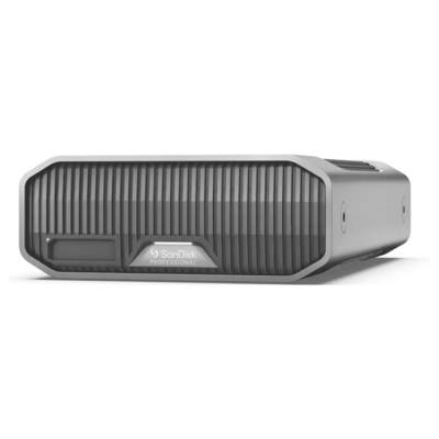 Eine externe SanDisk-Festplatte in einem robusten, gerippten Gehäuse. Markierung 'SanDisk PROFESSIONAL' sichtbar auf der Vorderseite.