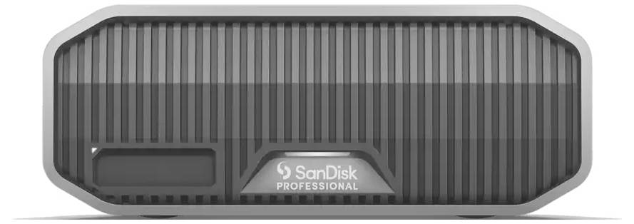 Externe SSD-Festplatte von SanDisk Professional, schwarz mit silbernem Rand, vertikale Linien auf der Oberfläche.