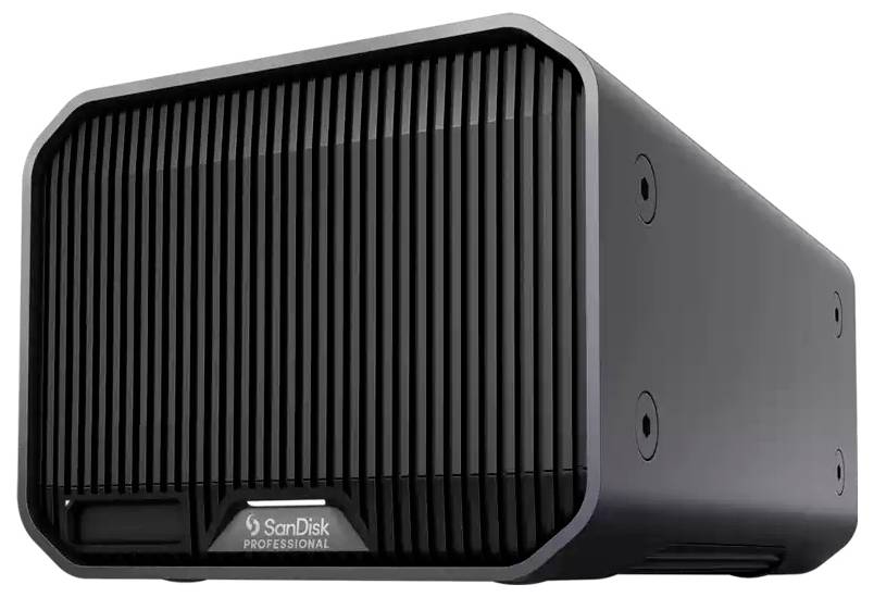 Schwarzes externes Speichermodul mit Gitterdesign und 'SanDisk Professional'-Branding auf der Vorderseite.