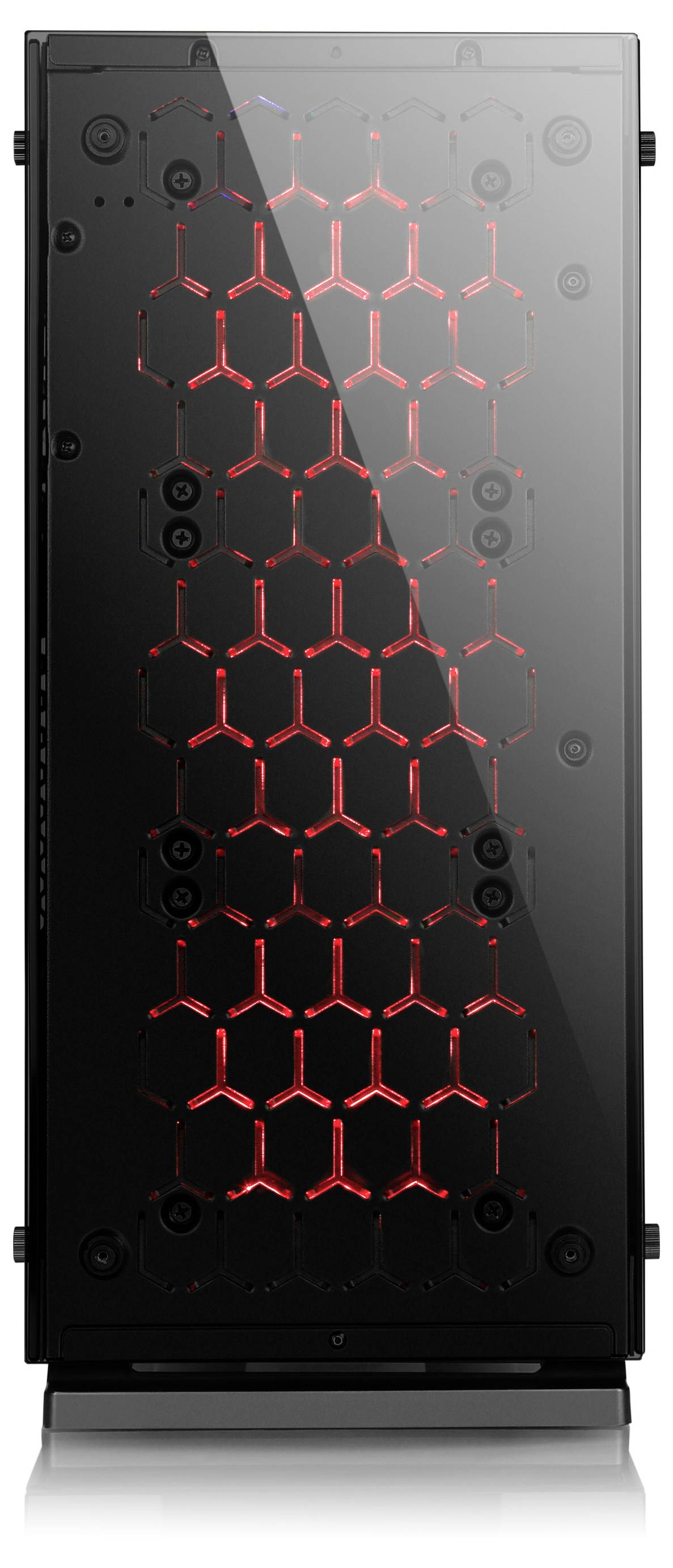 PC-Gehäuse von oben betrachtet mit roten Lüftern und Anschlussfront mit USB-Ports und Power-Button.