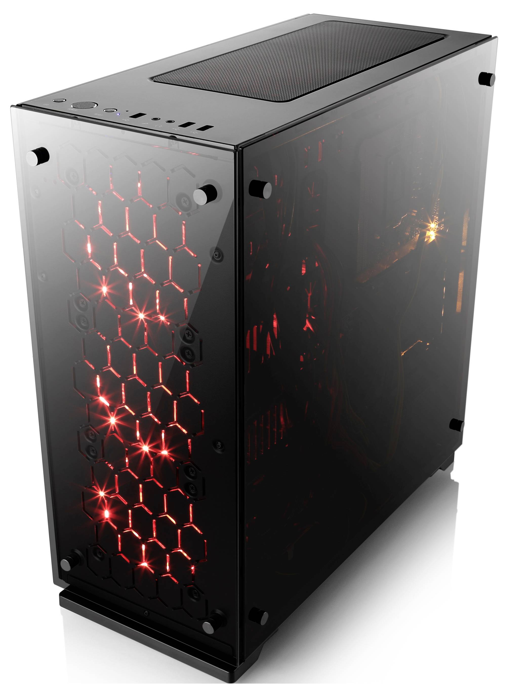Ein schwarzes Computergehäuse mit einem durchsichtigen Seitenteil und roten LED-Leuchten auf der Vorderseite.