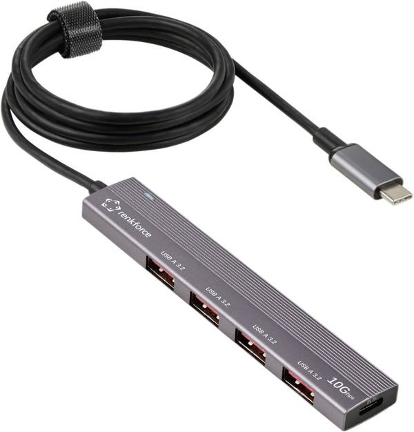 Renkforce RF-6700798 USB-Hub 4 Port USB-A USB 3.2 Gen2 10 GBit/s mit USB-C® Stecker, mit Aluminiumgehäuse, USB-C® PD Ladeanschluss Spacegrau RF-USBCH-200