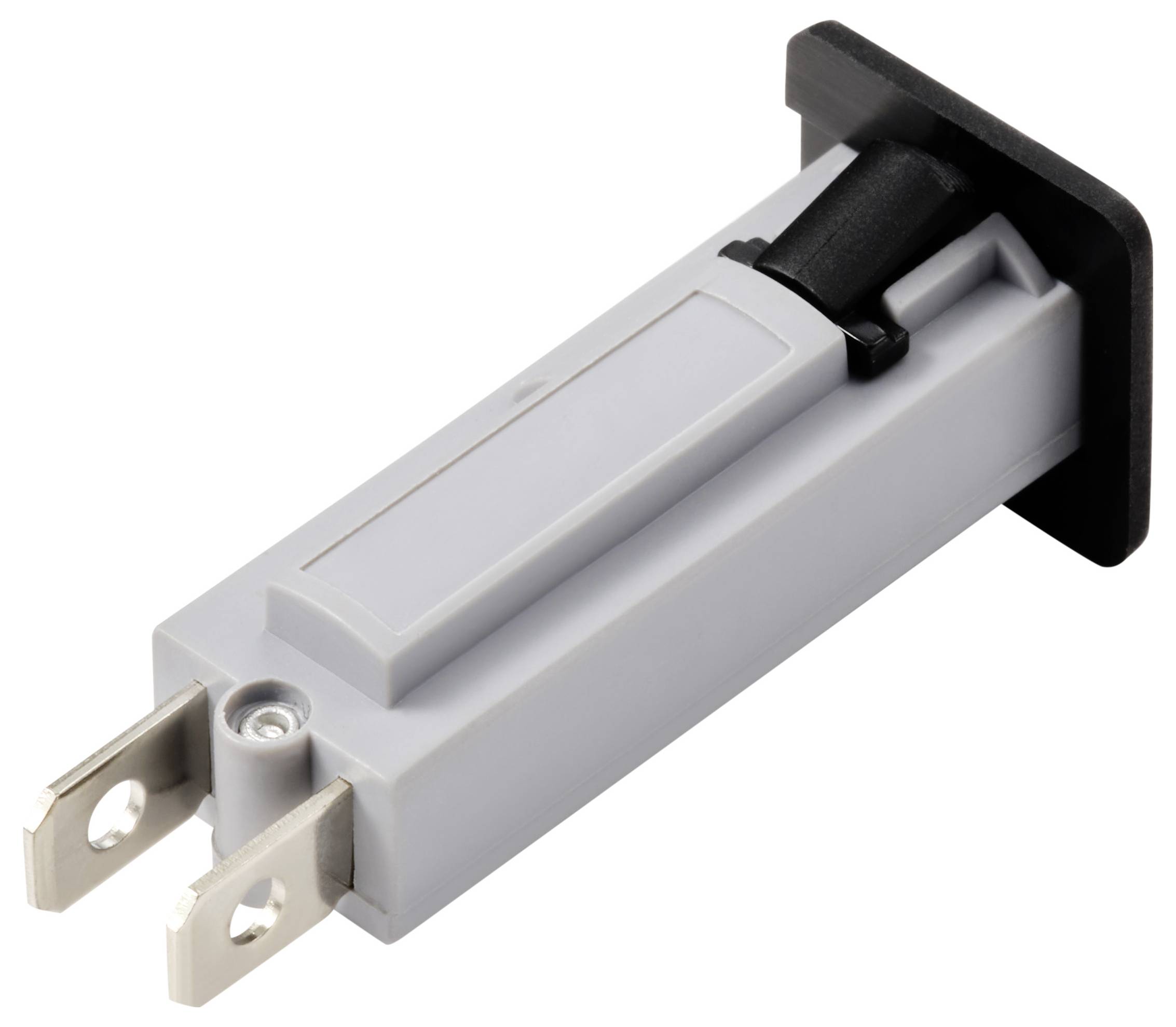 Ein grauer rechteckiger Taster mit zwei Metallkontakten und schwarzem Knopf, typischerweise für elektronische Anwendungen verwendet.