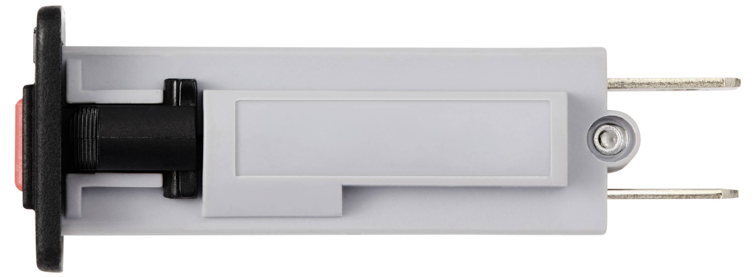 Graues rechteckiges elektronisches Bauteil mit zwei Metallstiften und einem schwarzen Knopf an der Seite.