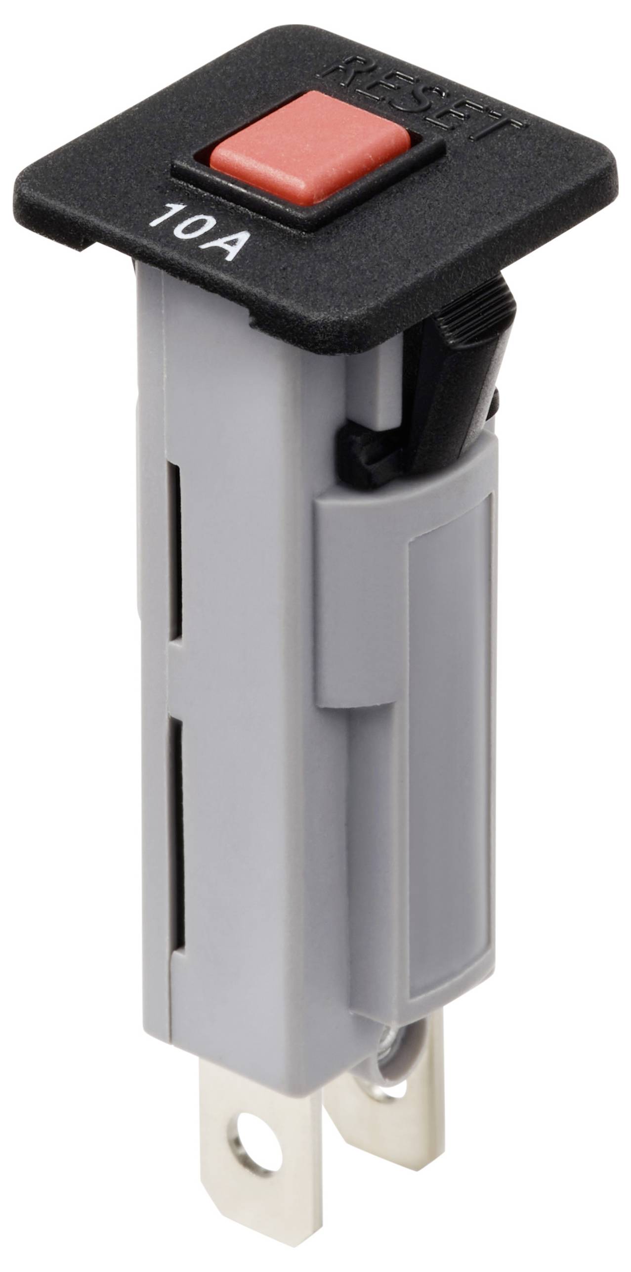 'Schwarzer Sicherungsautomat mit rotem Knopf und der Aufschrift 10A. Wird zur Absicherung elektrischer Kreise verwendet.'