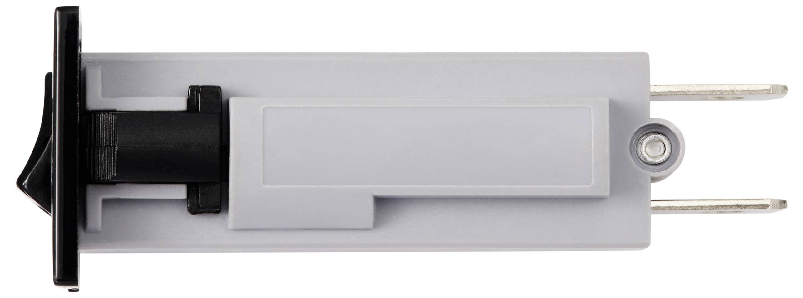 Ein graues, rechteckiges Gerät mit zwei Metallstiften und einem schwarzen Schalter an der Oberseite. Dient wahrscheinlich zur elektrischen Verbindung.