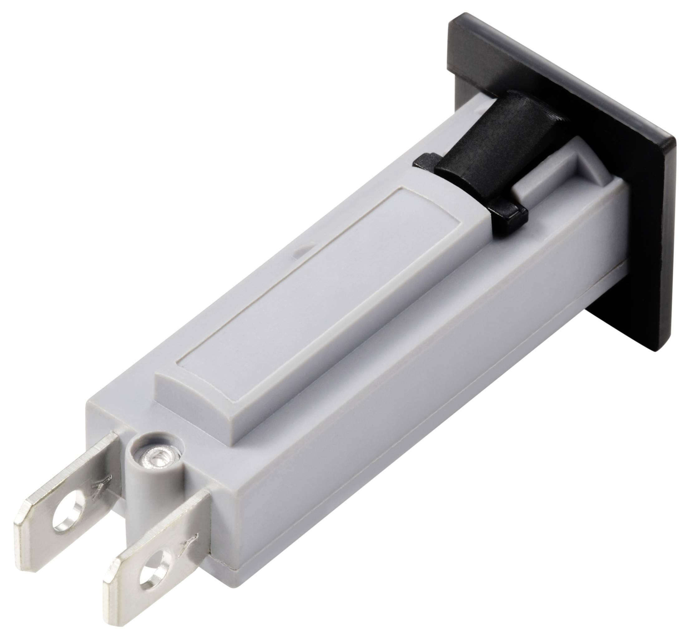Ein rechteckiger elektrischer Steckanschluss mit zwei Metallstiften und einem schwarzen Hebel auf grauer Basis.