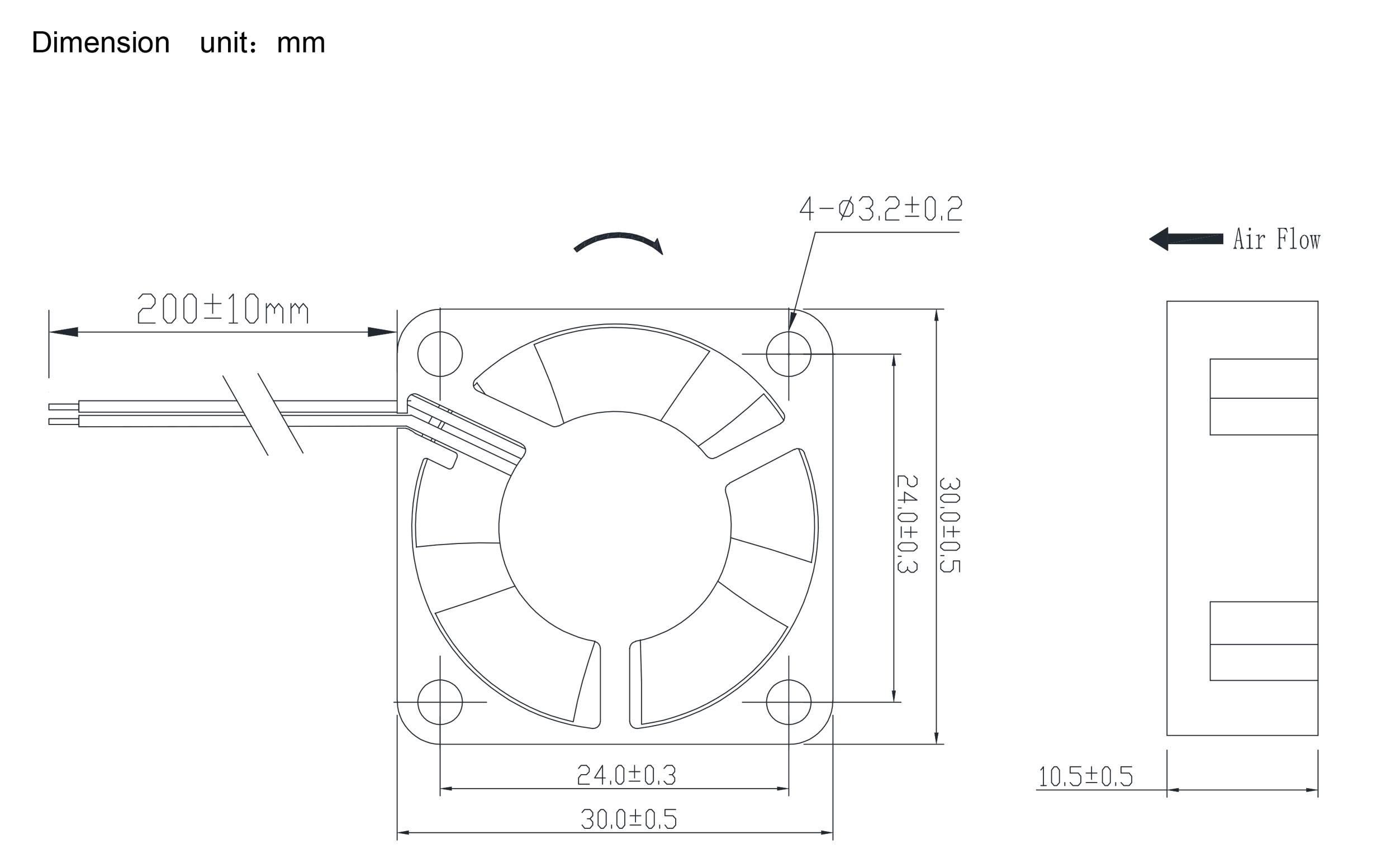 Technische Zeichnung eines Lüfters mit Maßen in Millimetern. Zeigt Lüfterblattdetails und Luftstromrichtung. Hauptgröße: 30x30x10 mm.
