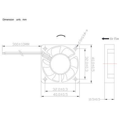 Technische Zeichnung eines Ventilators mit Abmessungen: 40x40x10 mm, Luftstromrichtung angegeben. Maße und Toleranzen markiert.
