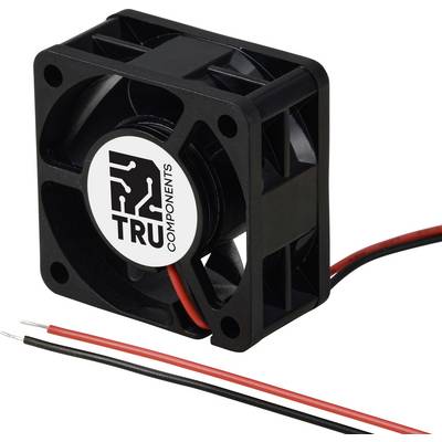 Schwarzer Lüfter mit dem Logo 'TRU COMPONENTS', zwei sichtbare Kabel in Rot und Schwarz.