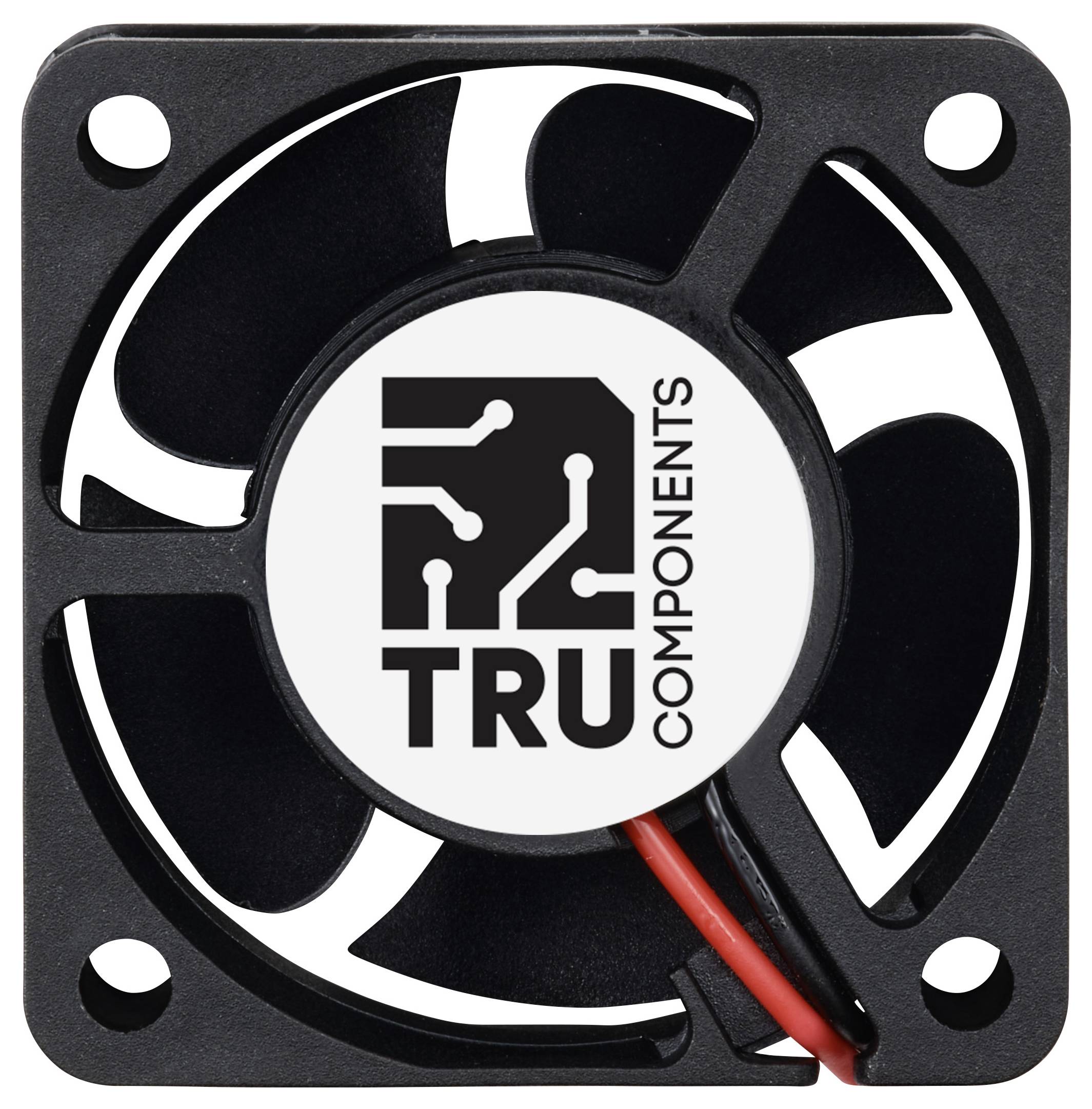 Kleiner schwarzer Ventilator mit rotem und schwarzem Kabel, zentraler Aufdruck 'TRU Components' mit Logo.