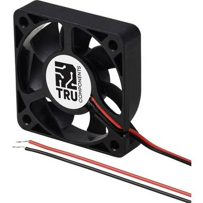 Lüfter mit schwarzem Gehäuse und zwei Anschlusskabeln in Rot und Schwarz. Logo 'TRU COMPONENTS' auf der Vorderseite.