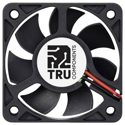 Ein schwarzer Computerlüfter von TRU COMPONENTS, gezeigt in einer Frontansicht mit sichtbaren Kabeln und Firmenlogo in der Mitte.