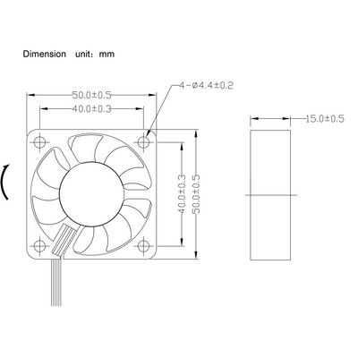 Technische Zeichnung eines quadratischen Lüfters mit detaillierten Abmessungen in Millimetern, inkl. Bohrloch- und Gehäusemaße.
