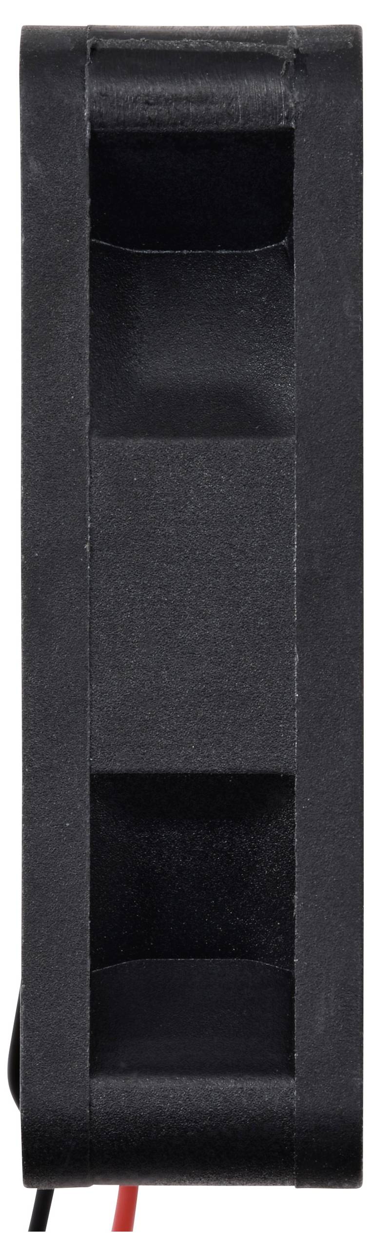 Schwarzer rechteckiger Kühlventilator mit sichtbaren Lüfterblättern und roten sowie schwarzen Anschlusskabeln.