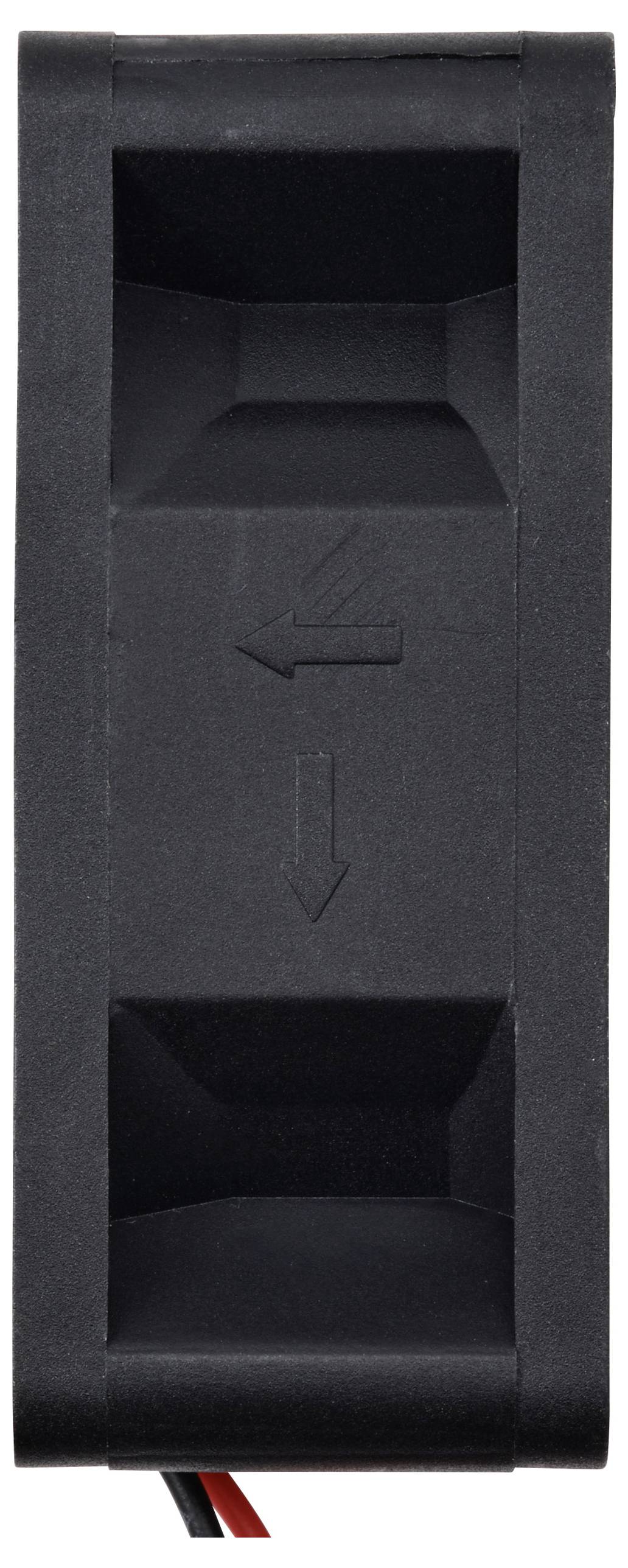 Kleiner schwarzer Kunststoffrahmen mit Pfeilen, die in entgegengesetzte Richtungen zeigen; rote und schwarze Kabel unten.