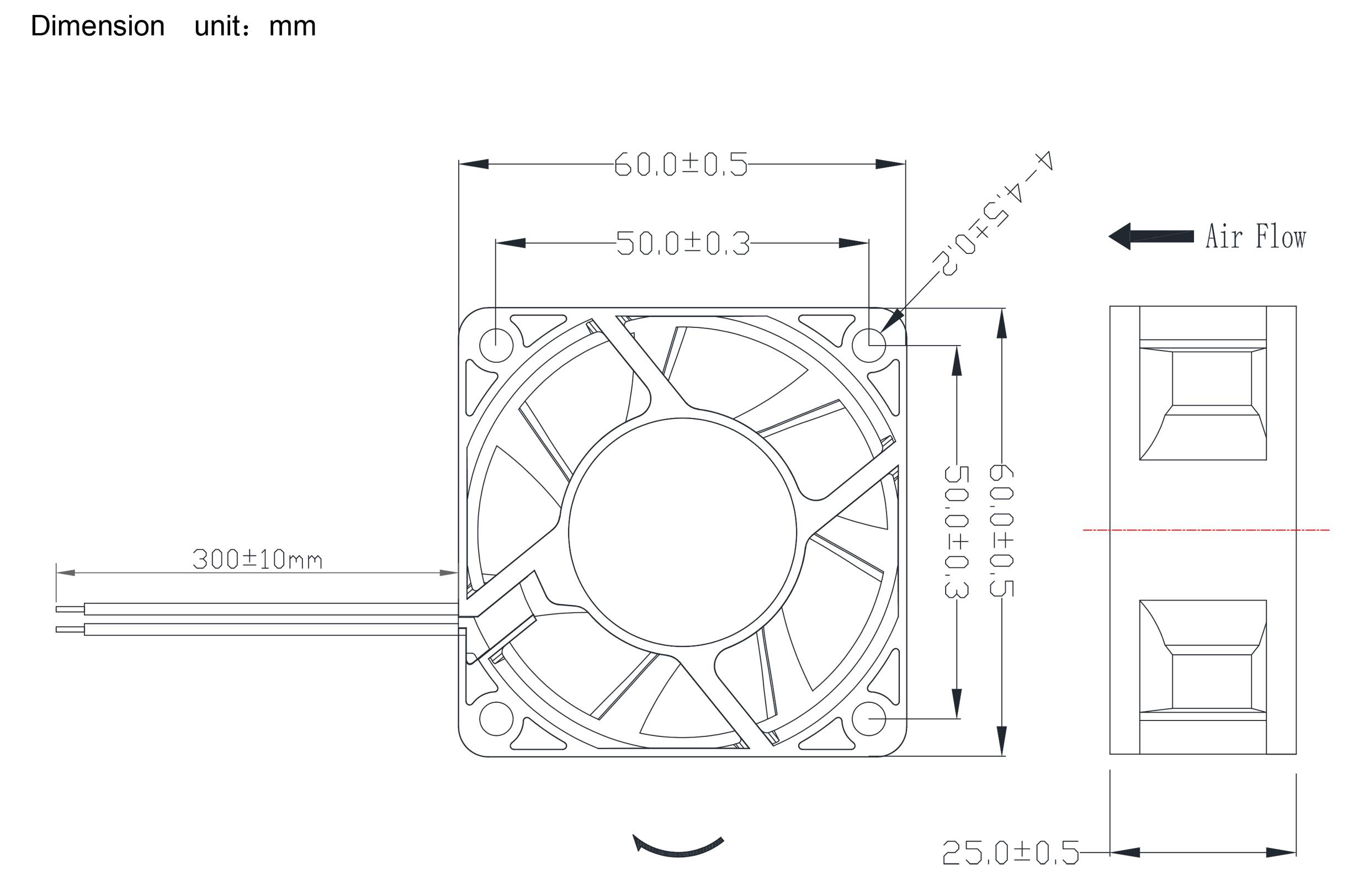 Technische Zeichnung eines Lüfters mit Maßen: 60x60x25 mm. Zeigt Luftstromrichtung, Befestigungslochpositionen und Kabellänge (300±10 mm).