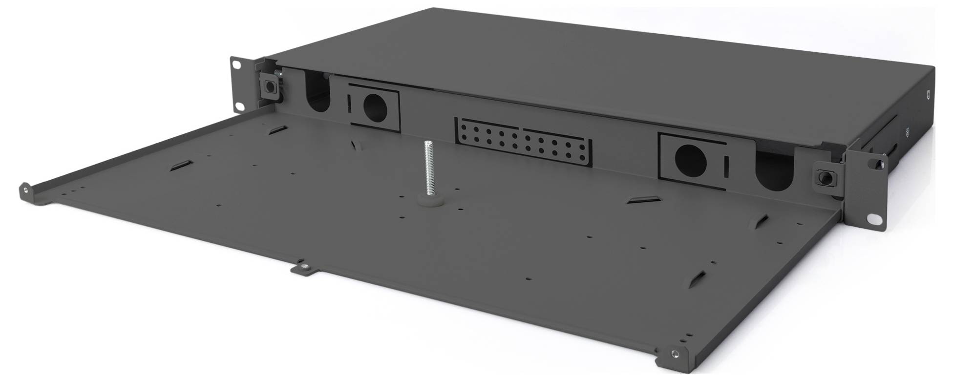Ein schwarzes, rechteckiges Gehäuse mit perforierter Frontplatte und offenen Seiten, geeignet zur Installation in einem Server-Rack.