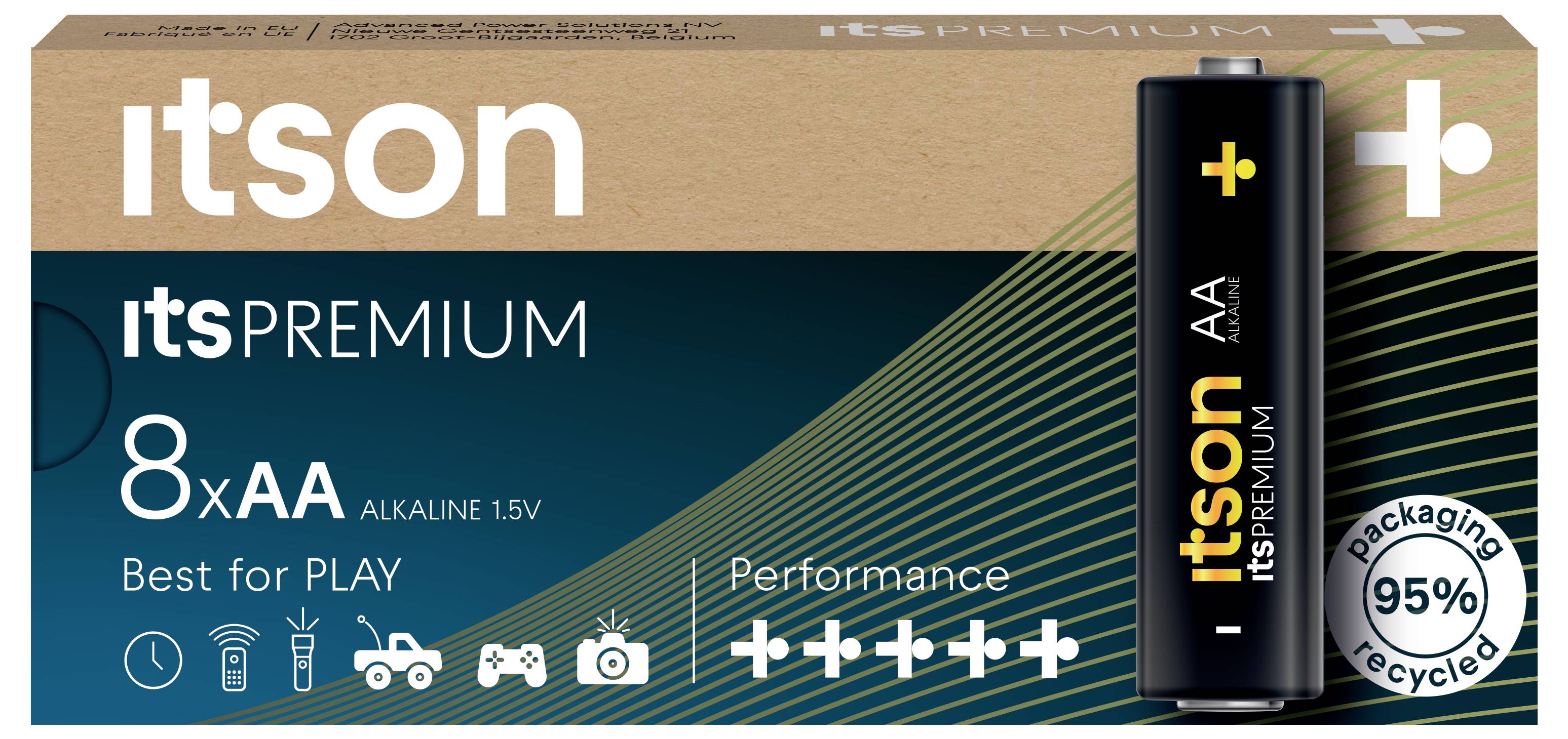 'Itson itsPREMIUM 8xAA Alkaline 1.5V Batterien. Geeignet für Spielzeug, Kameras und mehr. Verpackung zu 95% recycelt.'