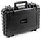 Schwarzer, robuster Koffer aus Kunststoff mit Griff und Sicherheitsschlössern, geeignet für den sicheren Transport empfindlicher Gegenstände.