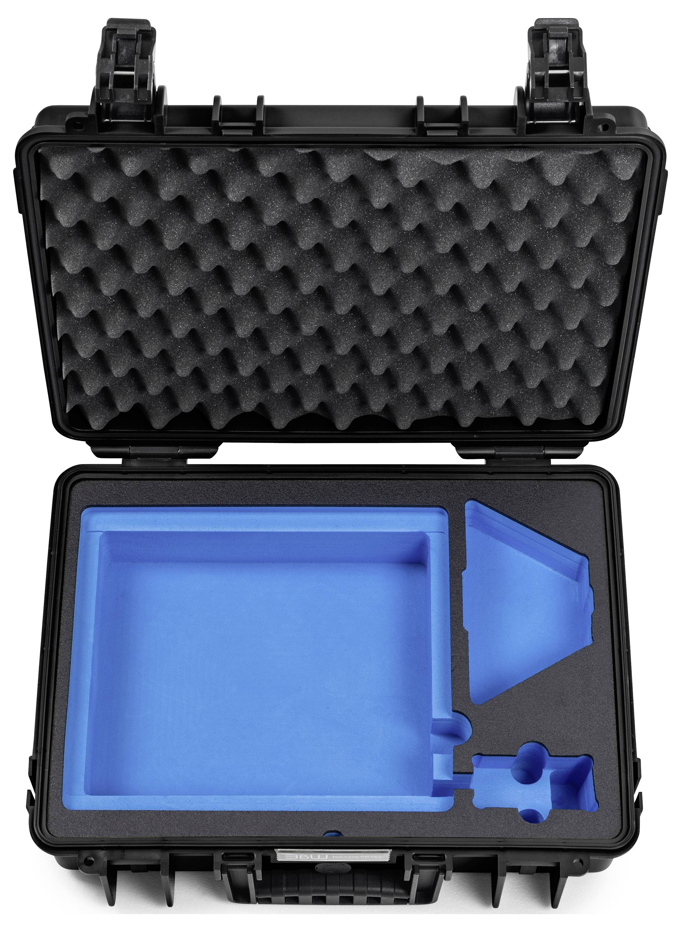Schwarzer Transportkoffer mit geöffneter Klappe. Innenraum ist mit blauer, geformter Polsterung ausgekleidet. Ideal für empfindliche Geräte.