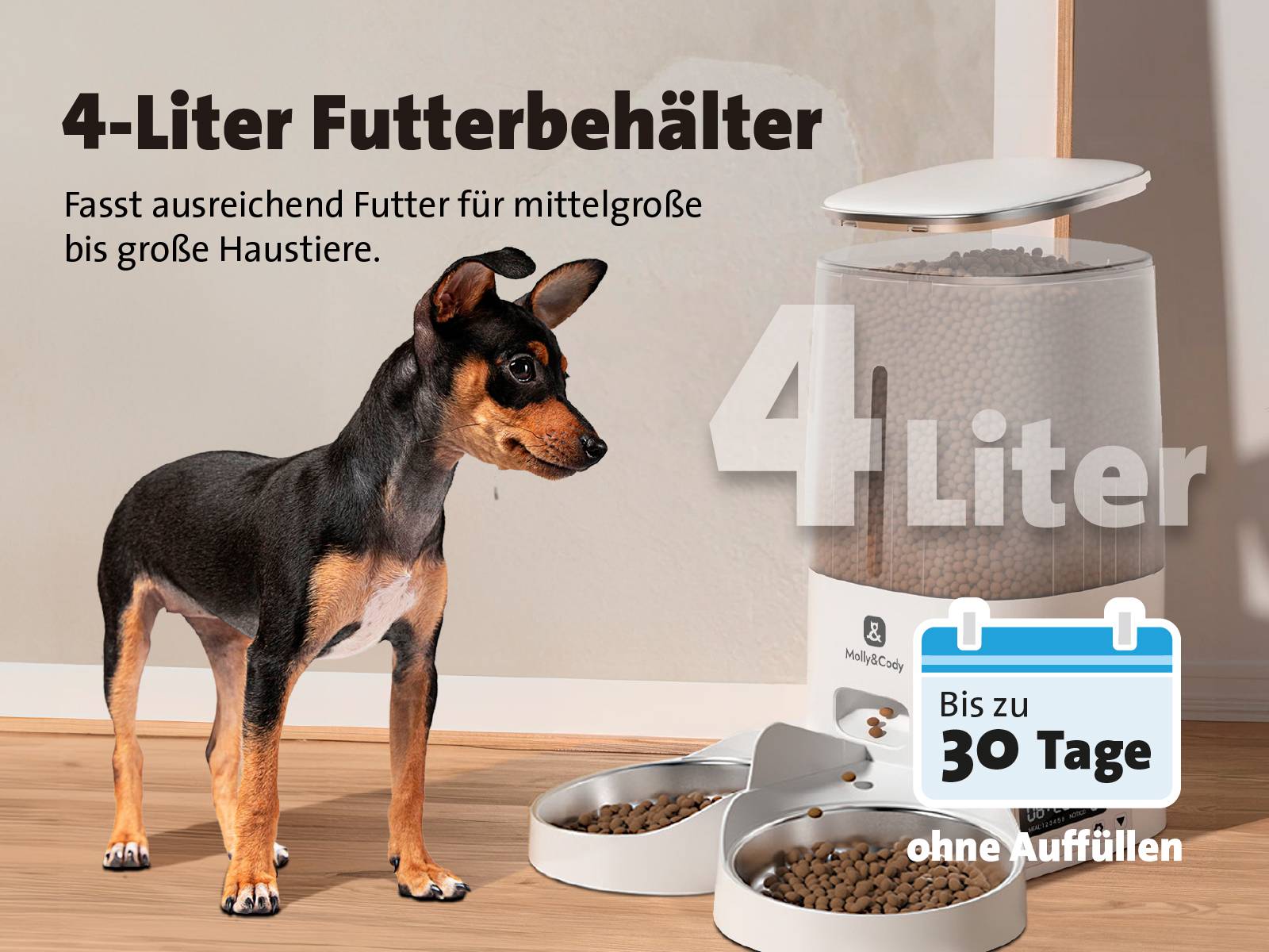 '4-Liter Futterbehälter' zeigt einen Hund neben Futternapf und Behälter. Text: 'Fasst ausreichend Futter für mittelgroße bis große Haustiere.'