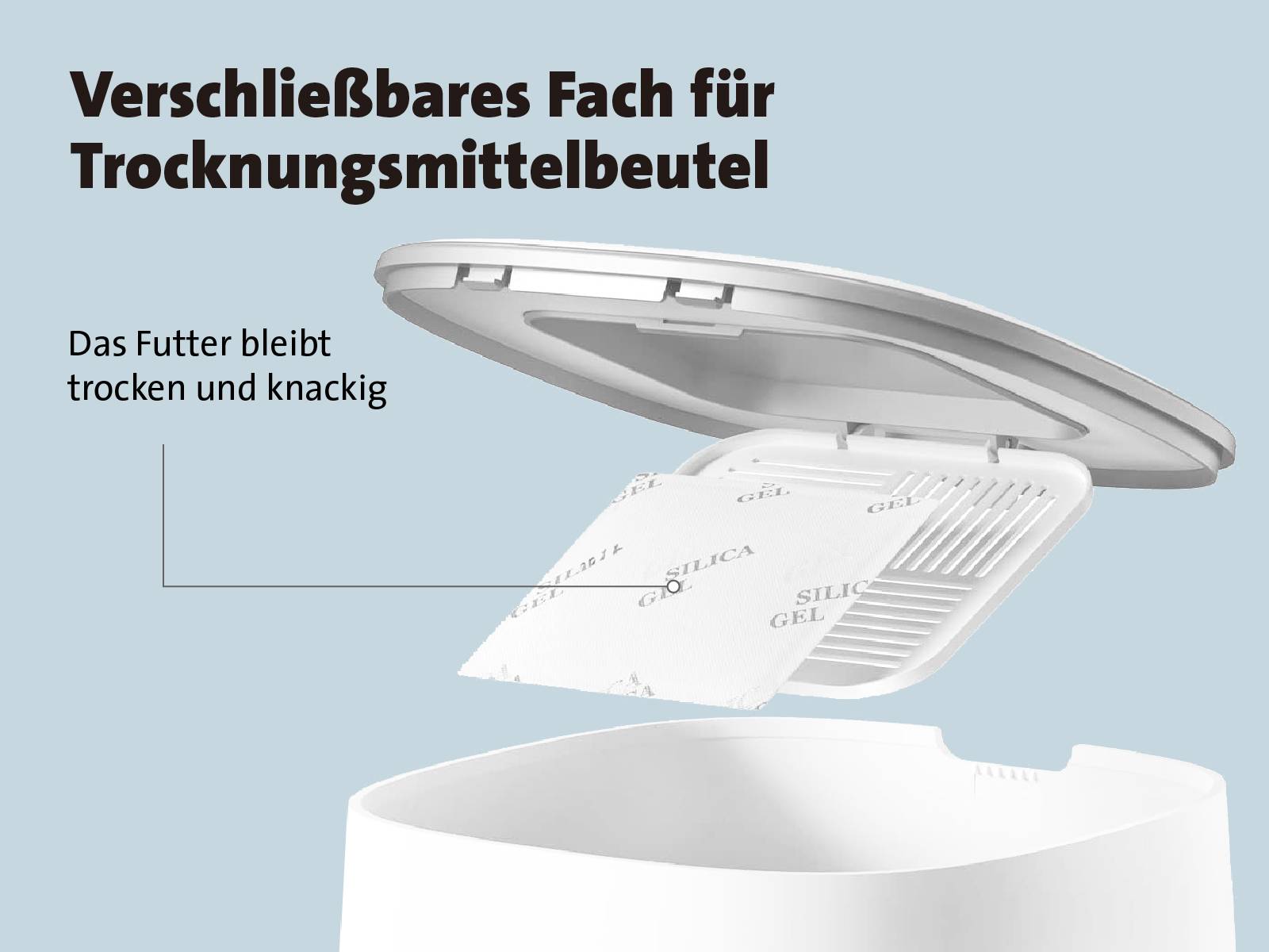 Verschließbares Fach für Trocknungsmittelbeutel in einem Behälterdeckel, um das Futter trocken und knackig zu halten.