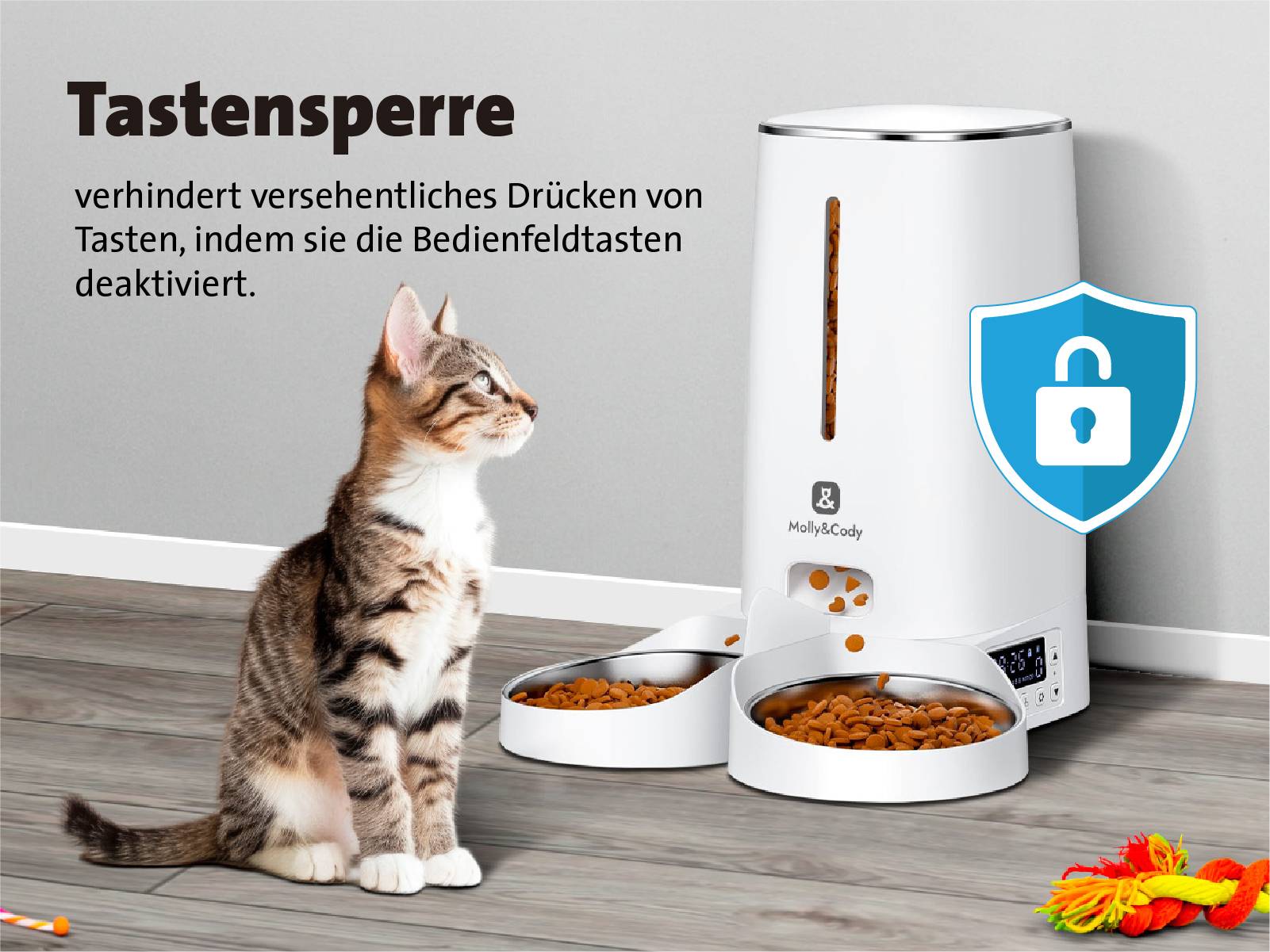 Katze sitzt vor einem automatischen Futterspender mit der Aufschrift 'Tastensperre', neben dem Text über Tastenverriegelung.