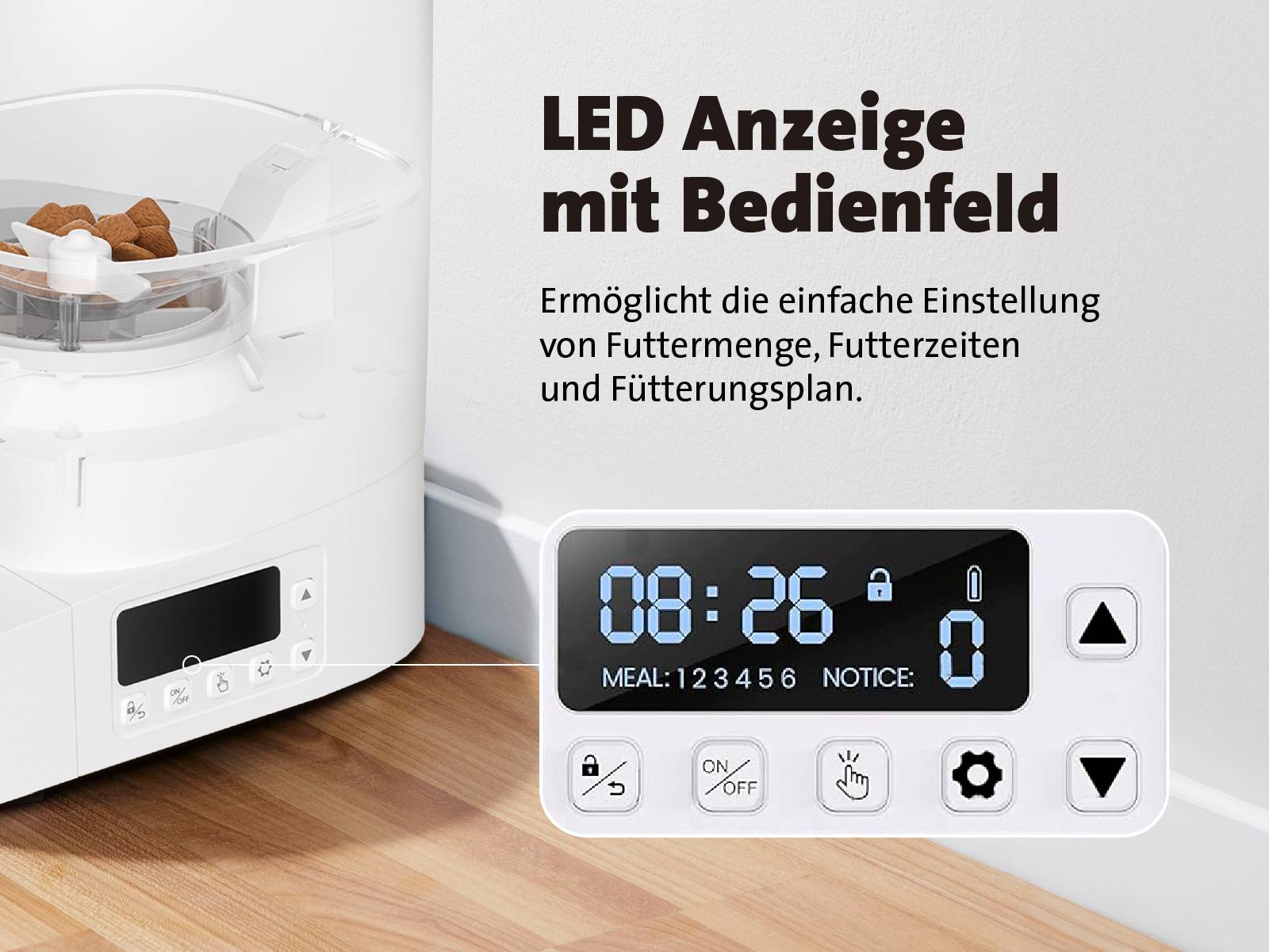 'LED Anzeige mit Bedienfeld' zeigt Uhrzeit und Einstellungen für Futtermenge, Futterzeiten, und Fütterungsplan eines Futterspenders.