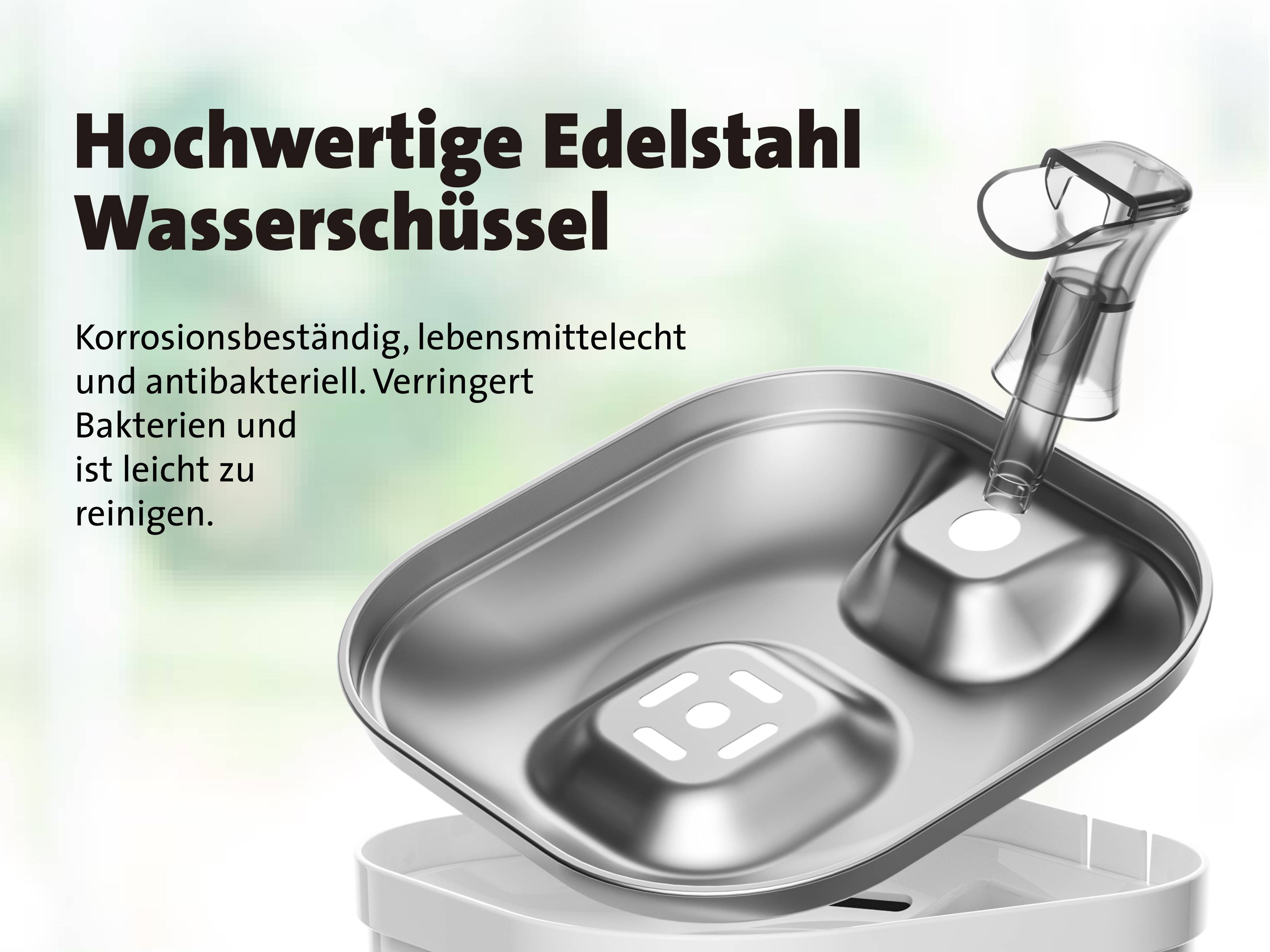 'Edelstahl Wasserschüssel, korrosionsbeständig, lebensmittelecht, antibakteriell. Verringert Bakterien, leicht zu reinigen.'