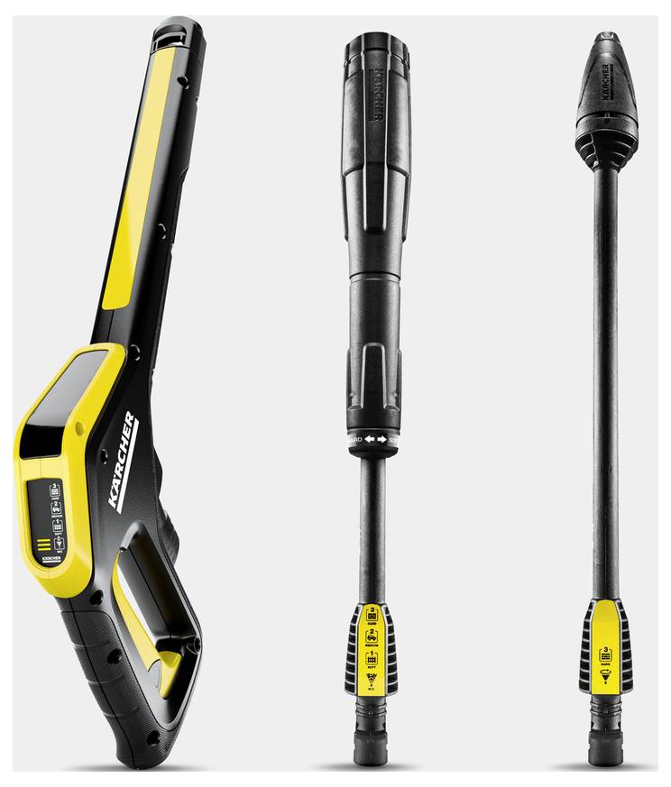 'Hochdruckreiniger Zubehör von Kärcher: Handgriff mit Kontrollanzeige und zwei austauschbare Düsen für unterschiedliche Reinigungsanwendungen.'